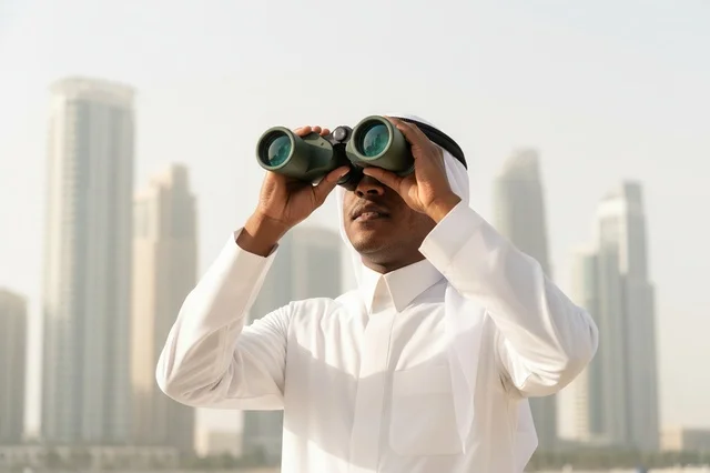رجل إماراتي يستخدم المنظار أمام أفق المدينة رجل إماراتي يستخدم المنظار أمام أفق المدينة