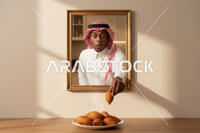 رجل سعودي يمسك بالكبة من داخل إطار لوحة فنية