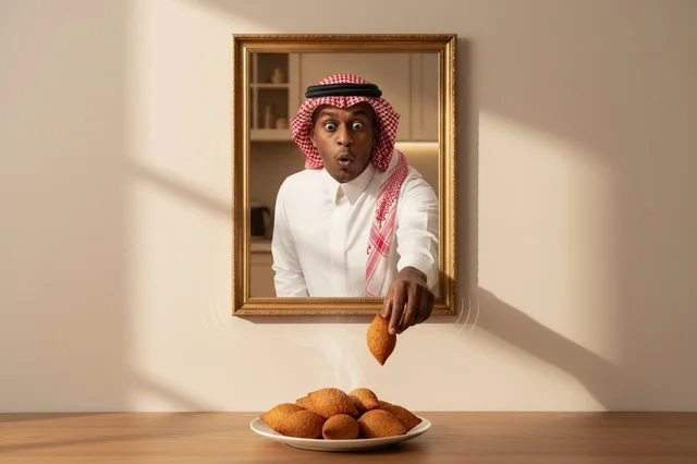 Conceptual Saudi Man Reaching for Kibbeh from Picture Frame