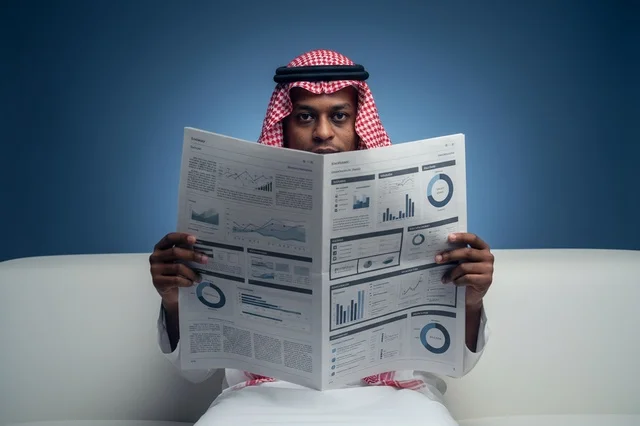 رجل أعمال سعودي يقرأ صحيفة مالية بالثوب والشماغ