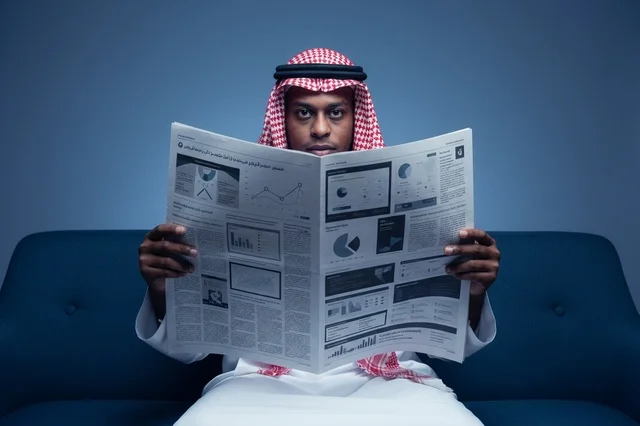 Saudi Businessman Reading Financial Newspaper in Studio