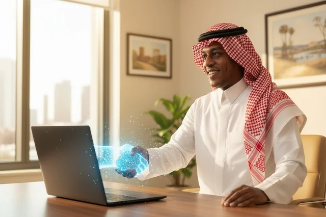 رجل أعمال سعودي يصافح يد هولوغرام رقمية رجل أعمال سعودي يصافح يد هولوغرام رقمية