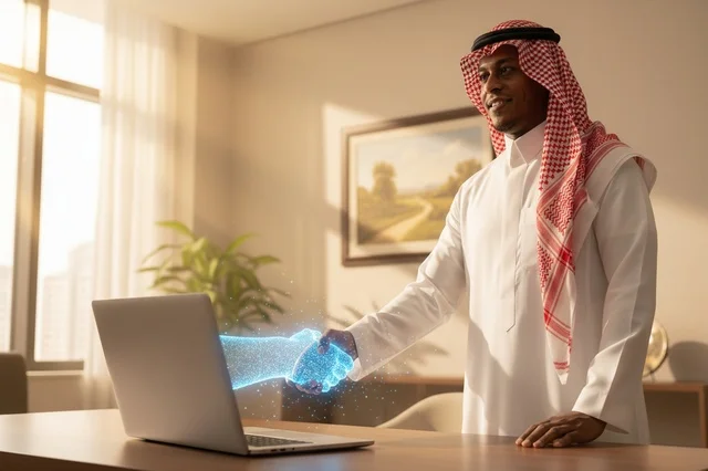 Saudi Businessman Shaking Digital Holographic Hand