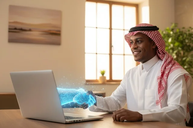 Saudi Businessman Laptop Digital Handshake Hologram