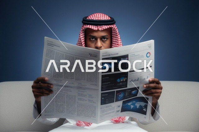 رجل سعودي يقرأ صحيفة مالية في استوديو