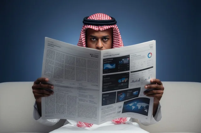 رجل سعودي يقرأ صحيفة مالية في استوديو رجل سعودي يقرأ صحيفة مالية في استوديو