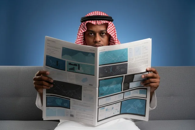Saudi Man in Traditional Dress Reading Newspaper Saudi Man in Traditional Dress Reading Newspaper