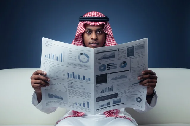 Saudi Man Reading Financial Newspaper with Infographics Saudi Man Reading Financial Newspaper with Infographics