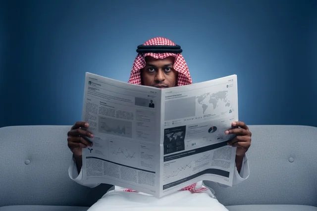 Saudi Man Reading Financial Newspaper in Thobe Saudi Man Reading Financial Newspaper in Thobe