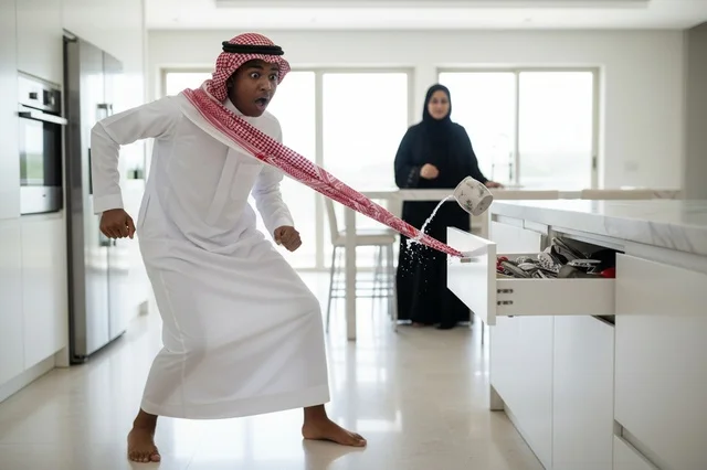 رجل سعودي مصدوم بعد اشتباك شماغه في درج المطبخ
