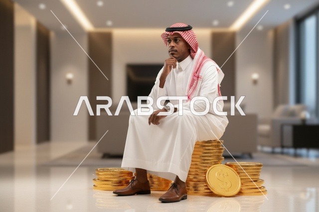 رجل سعودي يجلس على عملات ذهبية رمزية الاستثمار