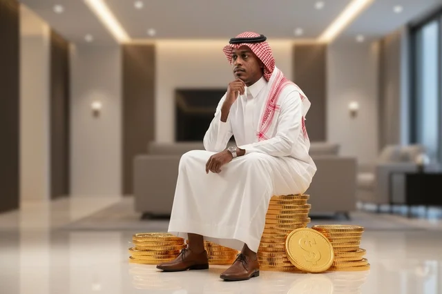رجل سعودي يجلس على عملات ذهبية رمزية الاستثمار