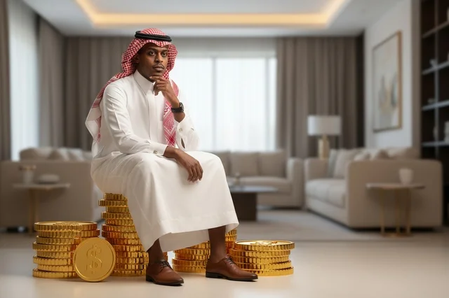 Saudi Businessman Sitting on Gold Coins Investment