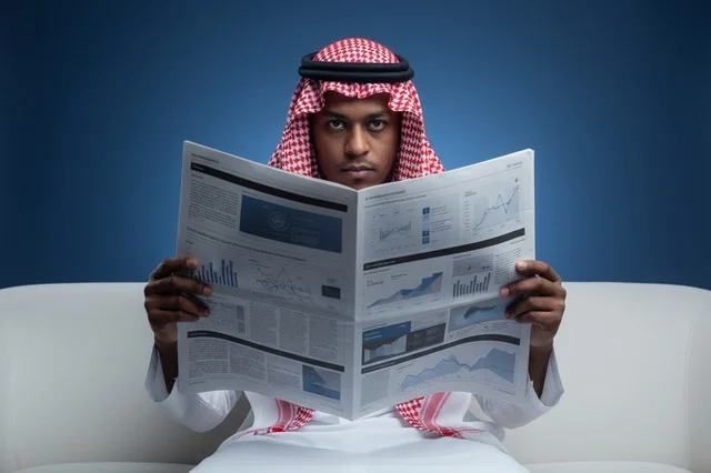 رجل سعودي يقرأ جريدة مالية بالزي التقليدي