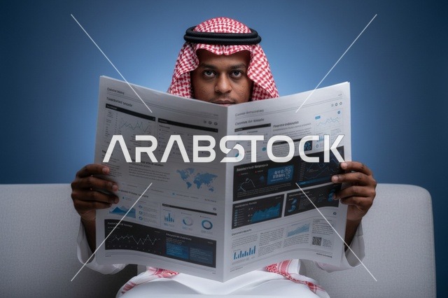 رجل سعودي يقرأ جريدة مالية بالزي التقليدي