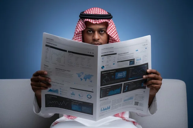 رجل سعودي يقرأ جريدة مالية بالزي التقليدي
