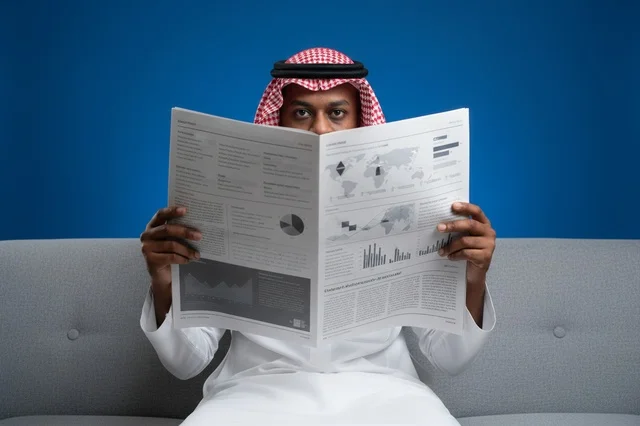Saudi Man in Traditional Thobe Reading Newspaper