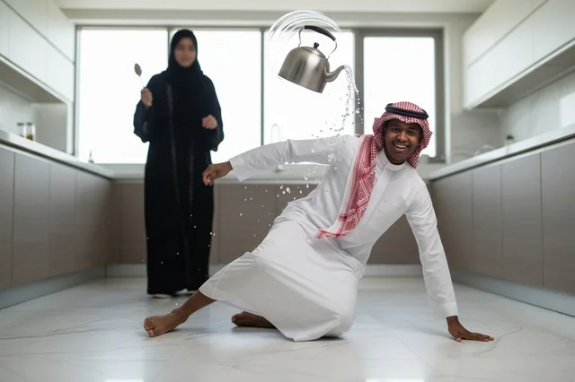 Shocked Saudi Man in Modern Kitchen with Floating Kett