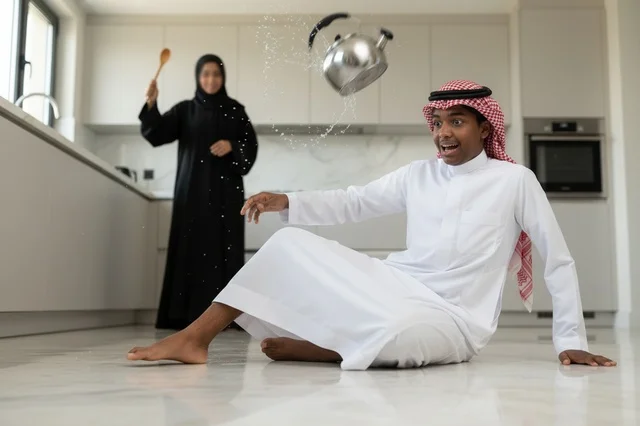 Shocked Saudi Man in Modern Kitchen with Floating Kettle