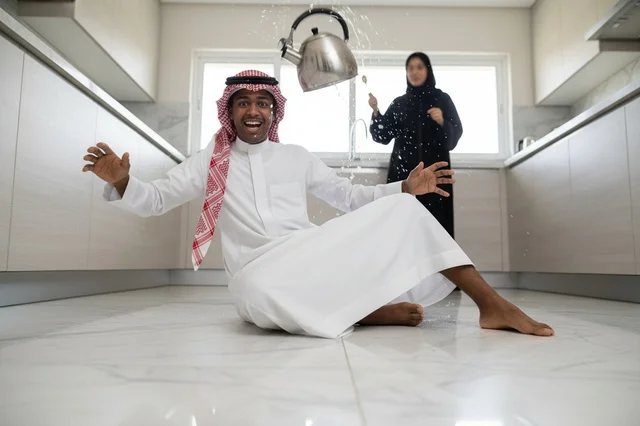 رجل وامرأة سعوديان في المطبخ مع إبريق يسقط