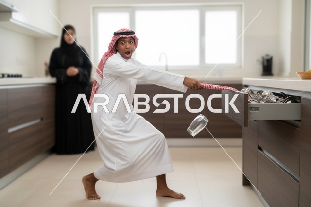 رجل سعودي مصدوم مع سقوط زجاج في المطبخ