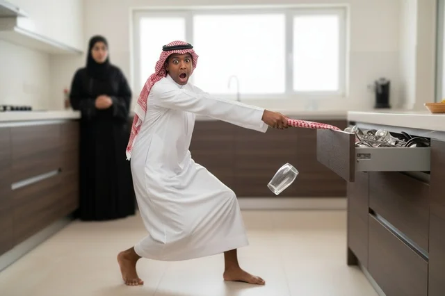 رجل سعودي مصدوم مع سقوط زجاج في المطبخ