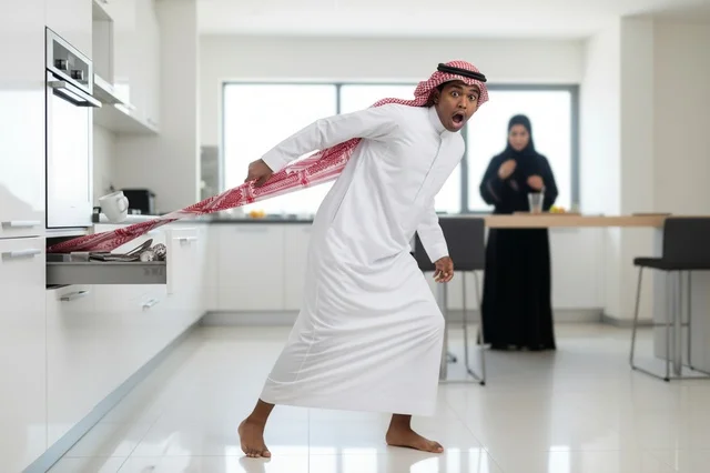 A Saudi man is shocked after his shemagh got caught in the kitchen drawer.