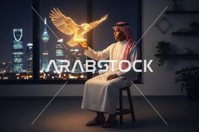 رجل سعودي مع صقر رقمي في الرياض ليلاً