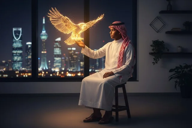 رجل سعودي مع صقر رقمي في الرياض ليلاً رجل سعودي مع صقر رقمي في الرياض ليلاً