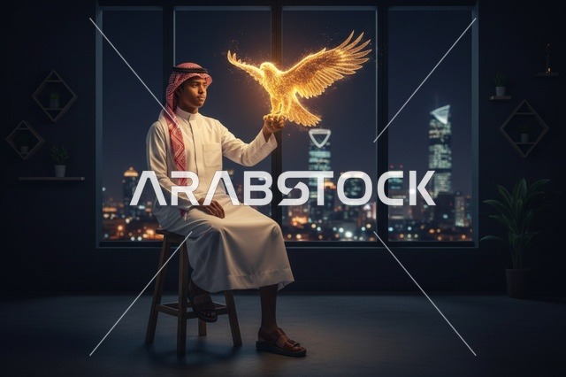 Saudi Man in Riyadh with Glowing Falcon at Night