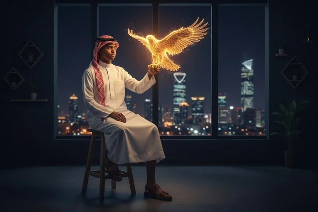 رجل سعودي في الرياض مع صقر متوهج ليلاً