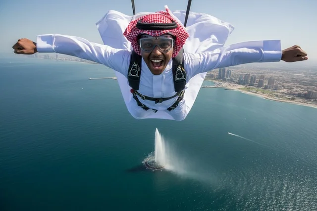 قفز مظلي لرجل سعودي فوق نافورة الملك فهد بجدة