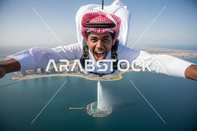 قفز مظلي لرجل سعودي فوق نافورة الملك فهد بجدة