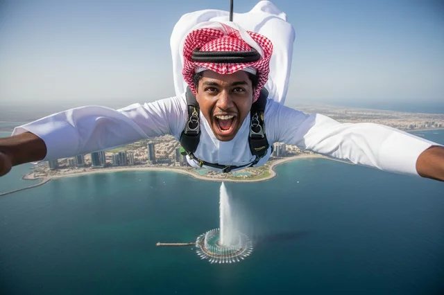 A skydiving jump by a Saudi man over the King Fahd Fountain in Jeddah. A skydiving jump by a Saudi man over the King Fahd Fountain in Jeddah.