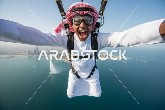 قفز مظلي لرجل سعودي فوق نافورة الملك فهد بجدة