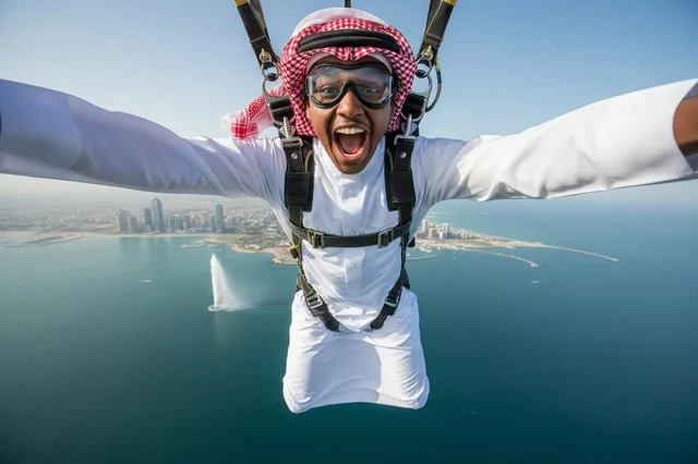 A skydiving jump by a Saudi man over the King Fahd Fountain in Jeddah. A skydiving jump by a Saudi man over the King Fahd Fountain in Jeddah.