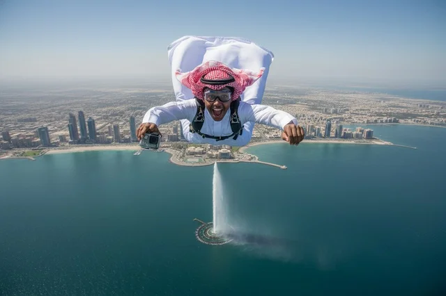 قفز مظلي لرجل سعودي فوق نافورة الملك فهد بجدة