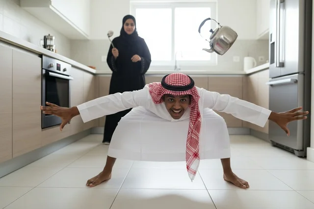 Saudi Man and Woman in Kitchen with Floating Kettle