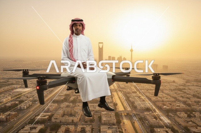 Saudi Man on Drone Over Riyadh Skyline at Sunset