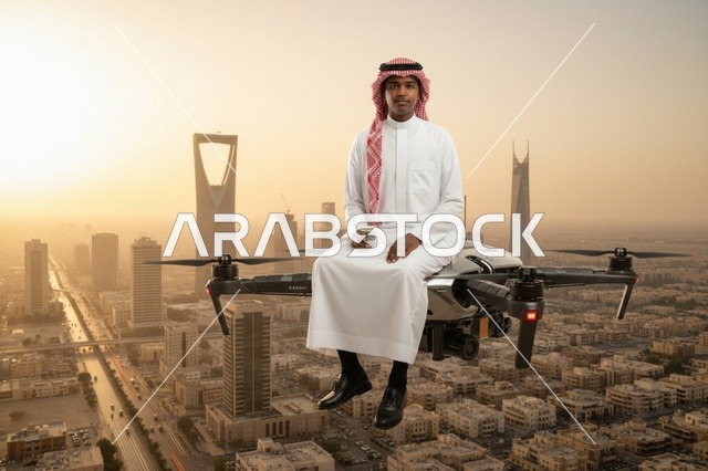 رجل سعودي على طائرة درون فوق أفق الرياض