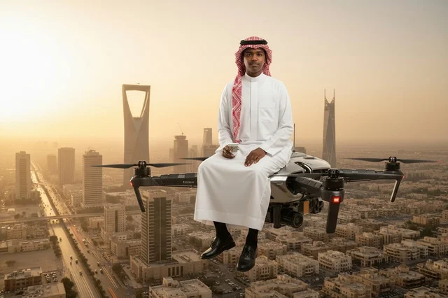Saudi Man on Drone Flying Over Riyadh Skyline