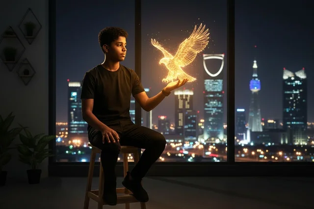 شاب سعودي مع صقر رقمي في أفق الرياض