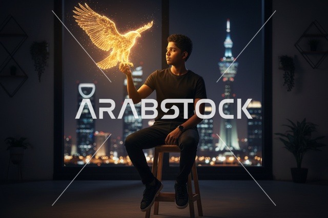 Saudi Man in Riyadh with Glowing Eagle Hologram