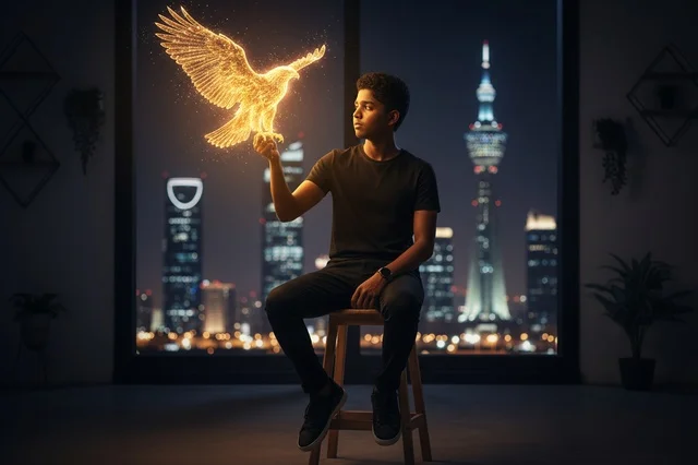 Saudi Man in Riyadh with Glowing Eagle Hologram
