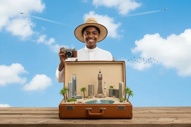 A Saudi boy with a suitcase and miniature Saudi landmarks.