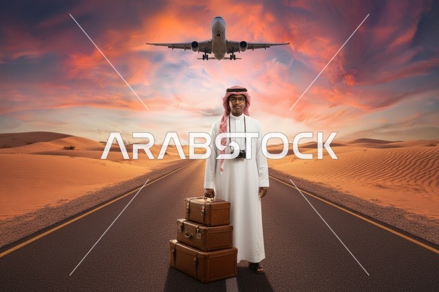 رجل سعودي مع حقائب سفر في الصحراء وقت الغروب