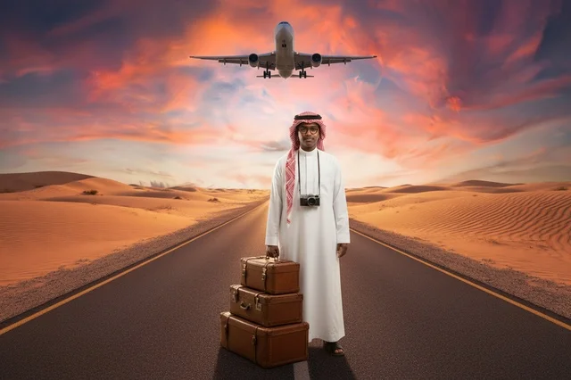 رجل سعودي مع حقائب سفر في الصحراء وقت الغروب