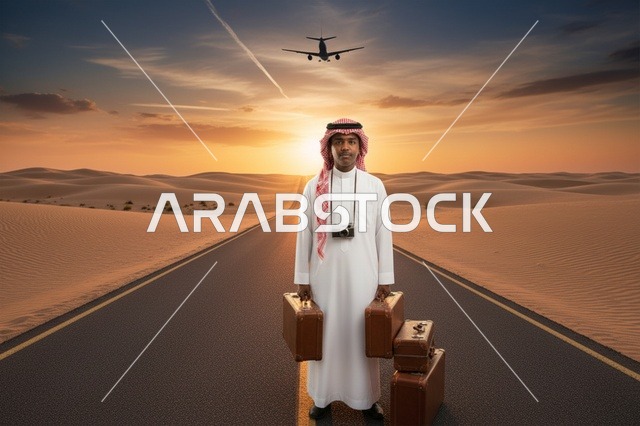 رجل سعودي على طريق صحراوي مع حقائب سفر وقت الغروب