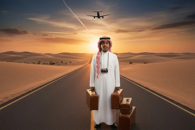 رجل سعودي على طريق صحراوي مع حقائب سفر وقت الغروب