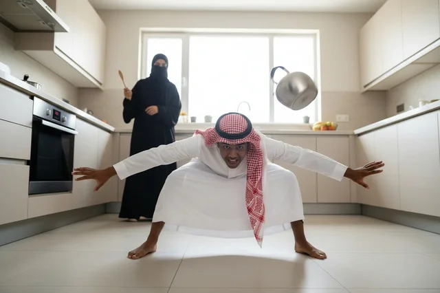 رجل وامرأة سعوديان بالزي التقليدي في المطبخ